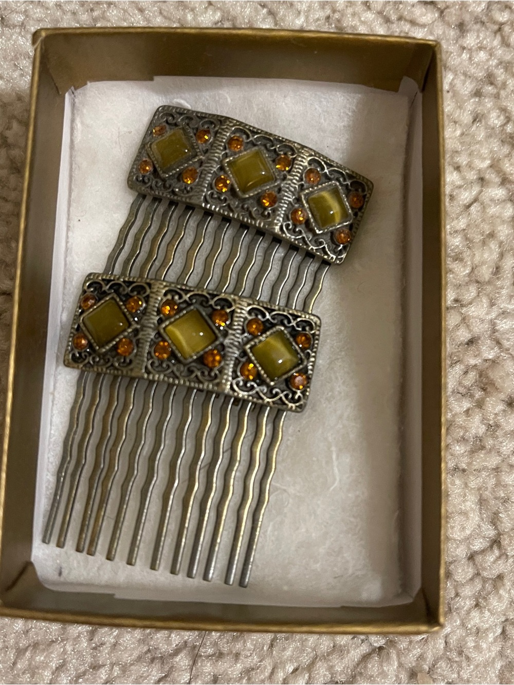 2pc Vintage Hair Comb , mental Jeweled Top, Victorian Style Whiskey Rhinestones